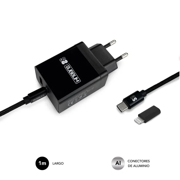 Subblim Cargador de Pared Ultra Rápido 25W con 2 Puertos y Cable USB-C a Lightning Negro y Gris Subblim Cargador de Pared Ultra Rápido 25W con 2 Puertos y Cable USB-C a Lightning Negro y Gris