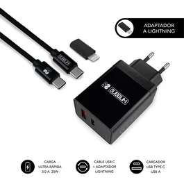 Subblim Cargador de Pared Ultra Rápido 25W con 2 Puertos y Cable USB-C a Lightning Negro y Gris