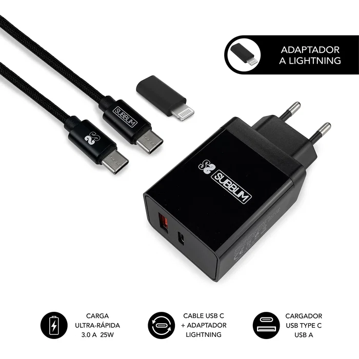 Subblim Cargador de Pared Ultra Rápido 25W con 2 Puertos y Cable USB-C a Lightning Negro y Gris Subblim Cargador de Pared Ultra Rápido 25W con 2 Puertos y Cable USB-C a Lightning Negro y Gris