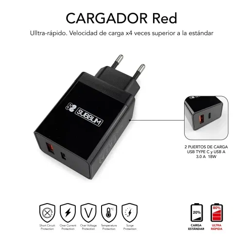 Subblim Cargador Pared Ultra Rápido 2xUSB PD25W QC3.0 SUBCHG-3WPD11 con Cable USB C a USB C y Lightning Negro