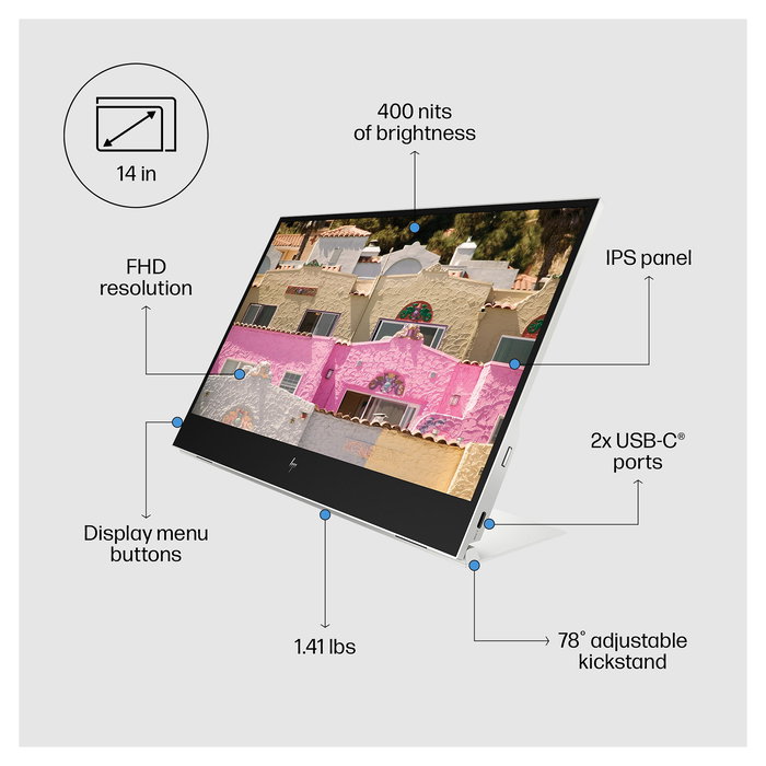 HP E14 G4 Monitor Portátil 14" (35,6 cm) - Panel IPS Full HD 1920 x 1080, USB-C, 5 ms, Plata - E-Series