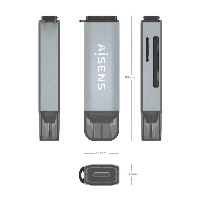 Aisens ASCR-2C10-GR Lector de Tarjetas SD, Micro SD, MMC, USB-C (3.2 Gen 1) Plug & Play - Color Gris