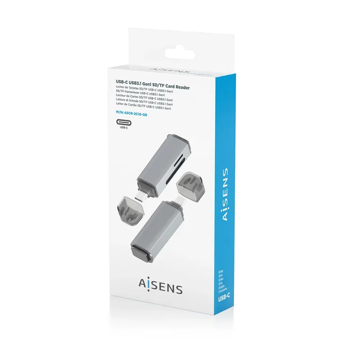 Aisens ASCR-2C10-GR Lector de Tarjetas SD, Micro SD, MMC, USB-C (3.2 Gen 1) Plug & Play - Color Gris