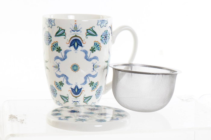 DKD Home Decor Mug Infusiones Tradicional Azul Blanco Porcelana 12 Unidades 380ml Apto Microondas Lavavajillas 12 x 9 x 11 cm