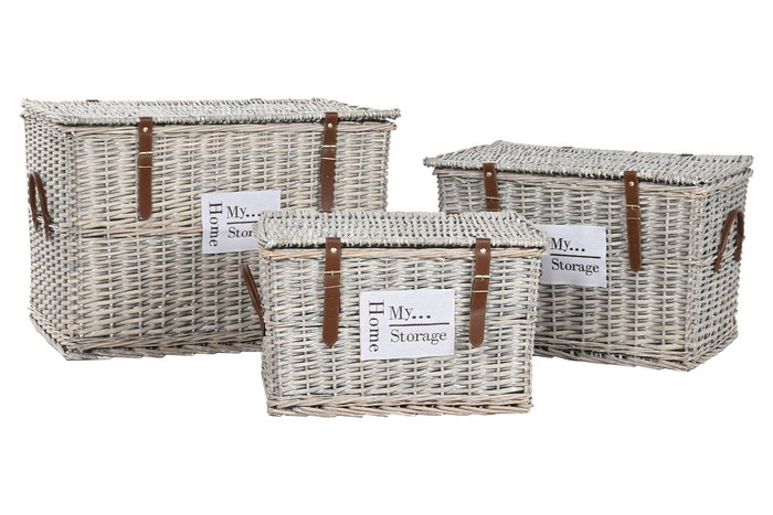 DKD Home Decor Baúl Shabby Natural de Mimbre - Set de 3 Cestas de Almacenamiento 45 x 46 x 67 cm