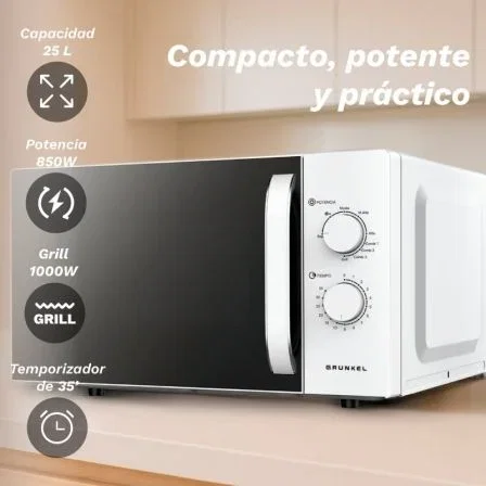 Grunkel MWG-25GRILL - Microondas con Grill 25 Litros, 850W Microondas + 1000W Grill, 5 Niveles Potencia, Función Descongelar, Temporizador 35 Min, Bandeja Cristal, Blanco