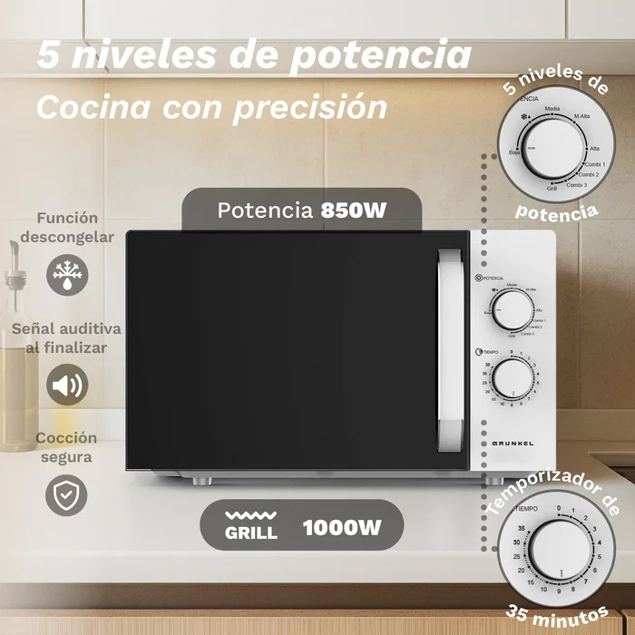 Grunkel MWG-25GRILL Microondas con grill 25L Blanco y Negro