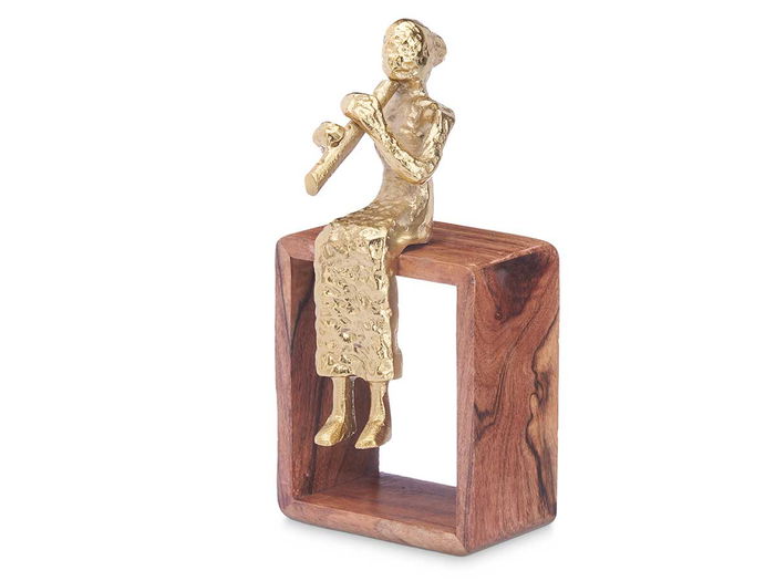 Giftdecor Figura Metal Flauta Oro con Soporte Madera 13 x 27 x 13 cm (Set de 6)
