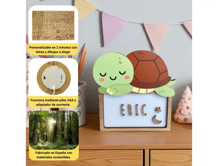 Wondee Lampara Tortuga Personalizable con Nombre - Lámpara de Noche Infantil Quitamiedos de Madera Sostenible con Kit de Letras Wondee Lampara Tortuga Personalizable con Nombre - Lámpara de Noche Infantil Quitamiedos de Madera Sostenible con Kit de Letras