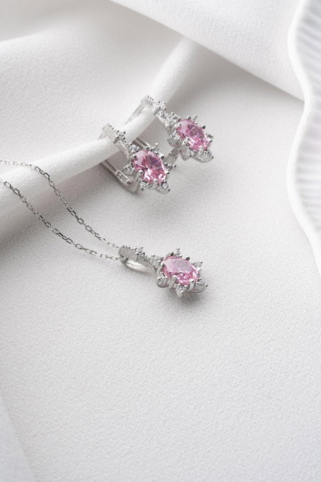 Heliophilia Silver NRZ999195 Conjunto de Collar y Pendientes de Plata de Ley 925 Baño de Rodio Circonita Rosa Plata y Rosa Elegante 148 caracteres
