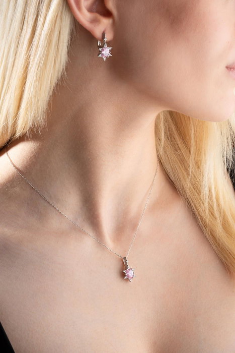 Heliophilia Silver NRZ999195 Conjunto de Collar y Pendientes de Plata de Ley 925 Baño de Rodio Circonita Rosa Plata y Rosa Elegante 148 caracteres