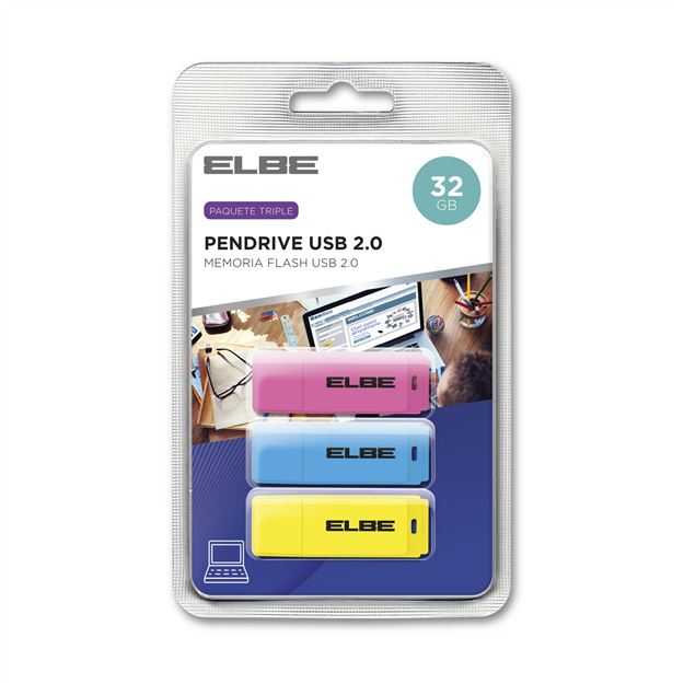 Elbe USB-332 Pack de 3 Pendrives 32GB USB 2.0 - Azul, Amarillo, Rosa