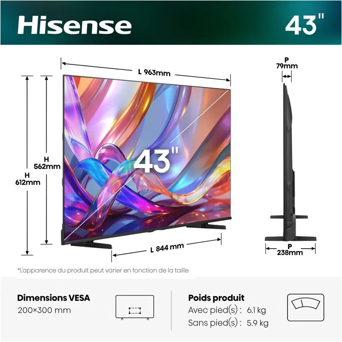 Hisense 43E7S - Televisor QLED 43 Pulgadas (108 cm) 4K UHD Smart TV Vidaa con HDR10+, 3x HDMI 2.1 y WiFi Hisense 43E7S - Televisor QLED 43 Pulgadas (108 cm) 4K UHD Smart TV Vidaa con HDR10+, 3x HDMI 2.1 y WiFi