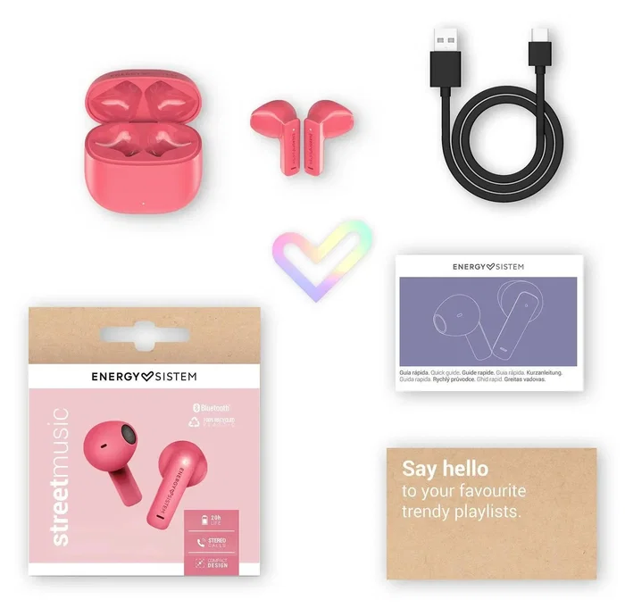 Energy Sistem StreetMusic Auriculares True Wireless (TWS) con 20h Autonomía, Bluetooth 5.4, Driver 13mm, Carga USB-C, Rosa