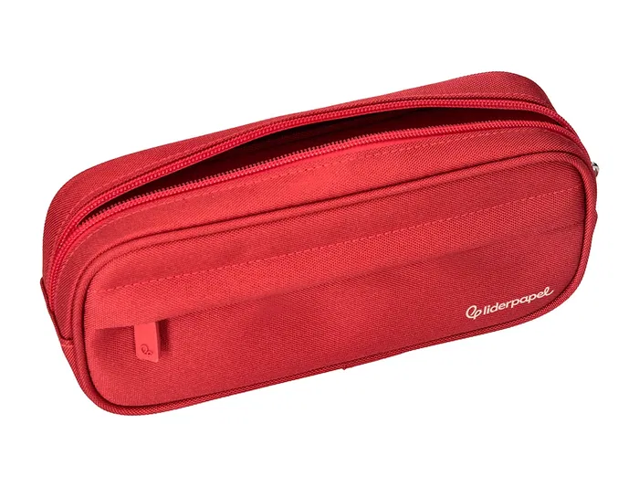 Liderpapel Estuche Portatodo Classic Ovalado con 2 Cremalleras y Bolsillo Delantero, Poliéster Resistente, 210x90mm, Rojo
