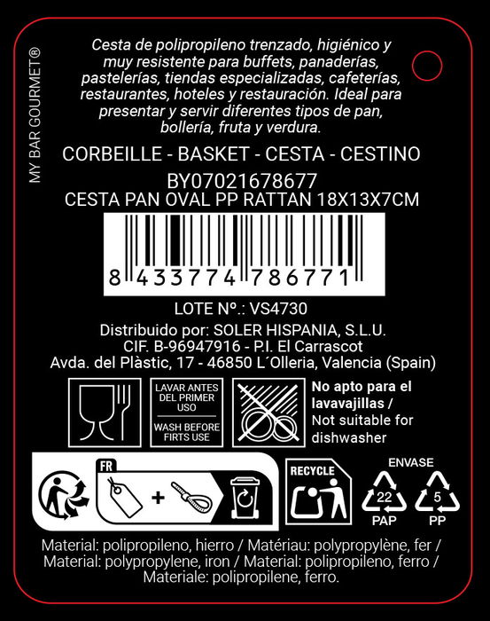 Inde Cesta para Pan Oval de Rattan PP 18 x 13 x 8.2 cm (24 Unidades)