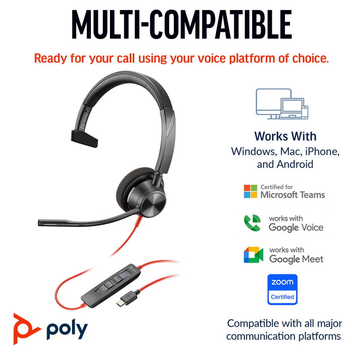 HP Poly Auriculares Mono Blackwire C3310 USB-C/A Negro, Incluye Adaptador, Compatible con Windows, Mac, Android, iOS, 103 g