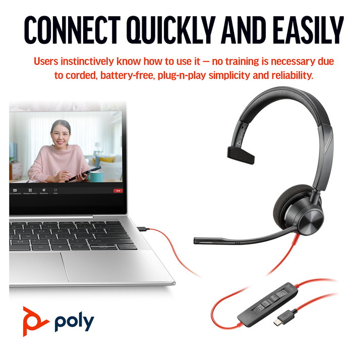 HP Poly Auriculares Mono Blackwire C3310 USB-C/A Negro, Incluye Adaptador, Compatible con Windows, Mac, Android, iOS, 103 g