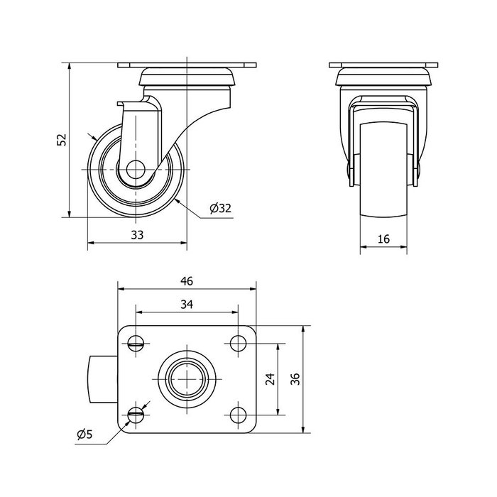 Ruedas Alex Rueda giratoria gris con placa y eje liso, carga máx. 15 kg, Ø 3 cm