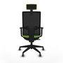 Silla de oficina Horna con mecanismo Sincro/Traslack tapizada con Tela color Pistacho y malla color Negro. Equipada con lumbar 1D, Brazos 1D, Cabecero 2D y Ruedas 65 mm parqué