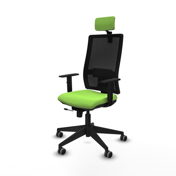 Silla de oficina Horna con mecanismo Sincro/Traslack tapizada con Tela color Pistacho y malla color Negro. Equipada con lumbar 1D, Brazos 1D, Cabecero 2D y Ruedas 65 mm parqué Silla de oficina Horna con mecanismo Sincro/Traslack tapizada con Tela color Pistacho y malla color Negro. Equipada con lumbar 1D, Brazos 1D, Cabecero 2D y Ruedas 65 mm parqué