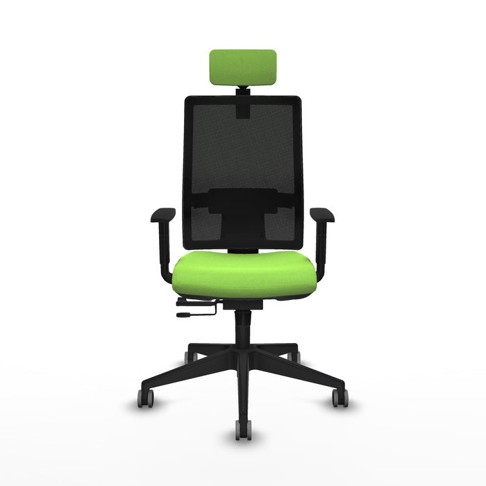 Silla de oficina Horna con mecanismo Sincro/Traslack tapizada con Tela color Pistacho y malla color Negro. Equipada con lumbar 1D, Brazos 1D, Cabecero 2D y Ruedas 65 mm parqué Silla de oficina Horna con mecanismo Sincro/Traslack tapizada con Tela color Pistacho y malla color Negro. Equipada con lumbar 1D, Brazos 1D, Cabecero 2D y Ruedas 65 mm parqué