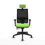 Silla de oficina Horna con mecanismo Sincro/Traslack tapizada con Tela color Pistacho y malla color Negro. Equipada con lumbar 1D, Brazos 1D, Cabecero 2D y Ruedas 65 mm parqué