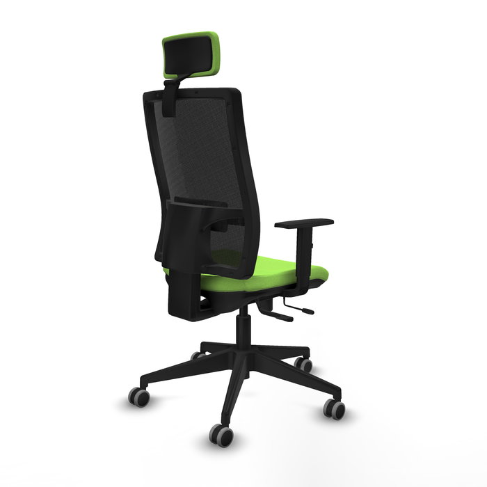 Silla de oficina Horna con mecanismo Sincro/Traslack tapizada con Tela color Pistacho y malla color Negro. Equipada con lumbar 1D, Brazos 1D, Cabecero 2D y Ruedas 65 mm parqué Silla de oficina Horna con mecanismo Sincro/Traslack tapizada con Tela color Pistacho y malla color Negro. Equipada con lumbar 1D, Brazos 1D, Cabecero 2D y Ruedas 65 mm parqué