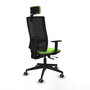 Silla de oficina Horna con mecanismo Sincro/Traslack tapizada con Tela color Pistacho y malla color Negro. Equipada con lumbar 1D, Brazos 1D, Cabecero 2D y Ruedas 65 mm parqué