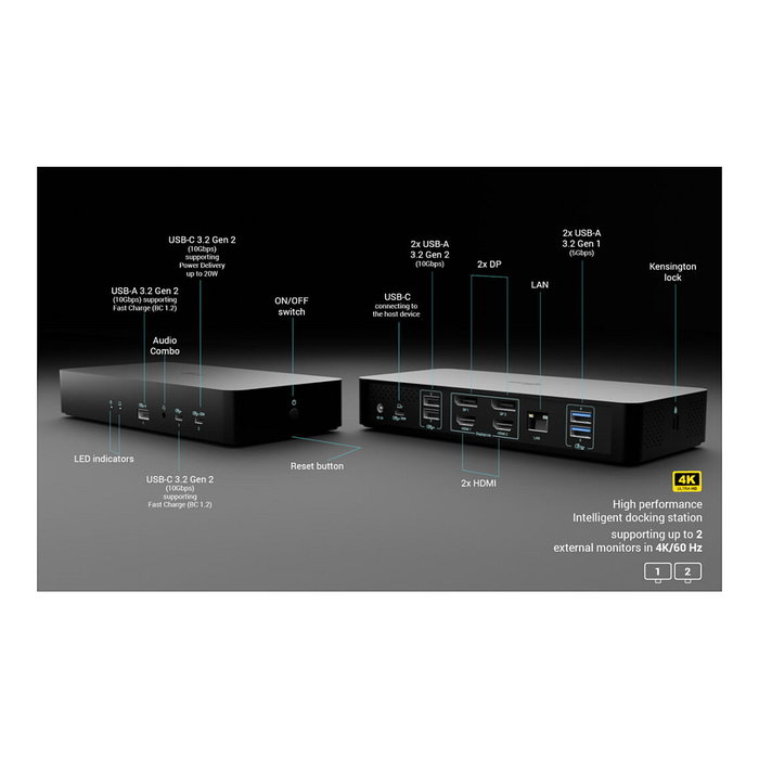 I-tec Docking Station Universal Intelligent Dual Display 13 en 1 con Power Delivery 100W Negro