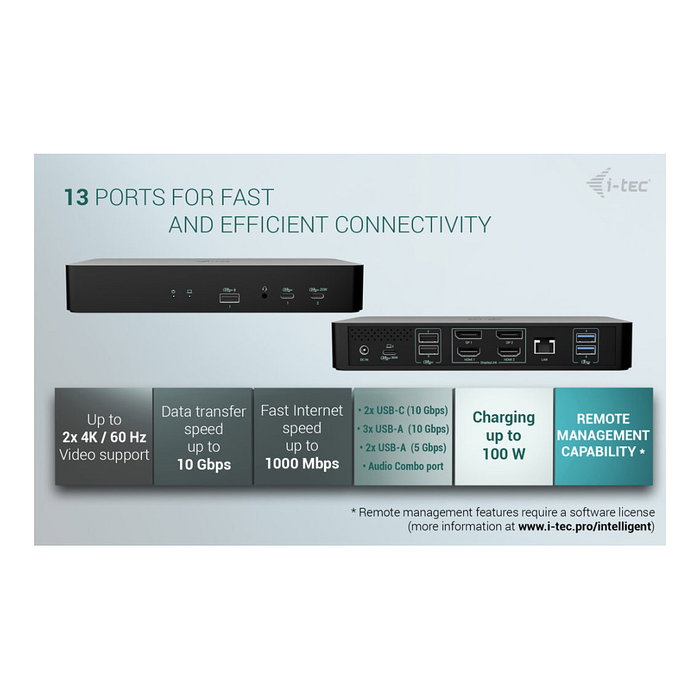 I-tec Docking Station Universal Intelligent Dual Display 13 en 1 con Power Delivery 100W Negro
