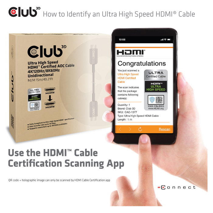 Club3D CAC-1377 Cable HDMI 2.1 Activo Óptico 8K60Hz UHD 15 Metros Negro