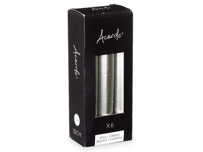 Acorde Set 6 Cirios Plata 15 cm de Alto, Cera Parafina, 6 Horas de Duración (Set de 12) Acorde Set 6 Cirios Plata 15 cm de Alto, Cera Parafina, 6 Horas de Duración (Set de 12)
