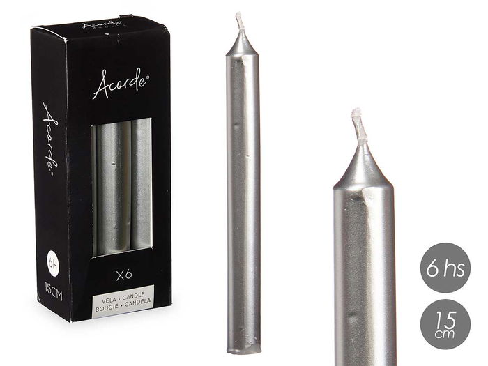 Acorde Set 6 Cirios Plata 15 cm de Alto, Cera Parafina, 6 Horas de Duración (Set de 12) Acorde Set 6 Cirios Plata 15 cm de Alto, Cera Parafina, 6 Horas de Duración (Set de 12)