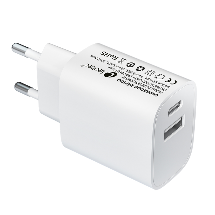 Leotec Cargador de Pared 20W Dual USB con USB-C Modelo LECSPH20W2W