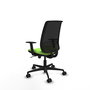 Silla de oficina Alares con mecanismo Sincro tapizada con Tela color Pistacho y malla color Negro. Equipada con lumbar 1D, Brazos 1D y Ruedas 65mm nailon