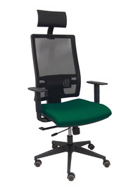 Silla de oficina Horna con mecanismo Sincro/Traslack tapizada con Tela color Verde botella y malla color Negro. Equipada con lumbar 1D, Brazos 1D, Cabecero Fijo y Ruedas de parqué