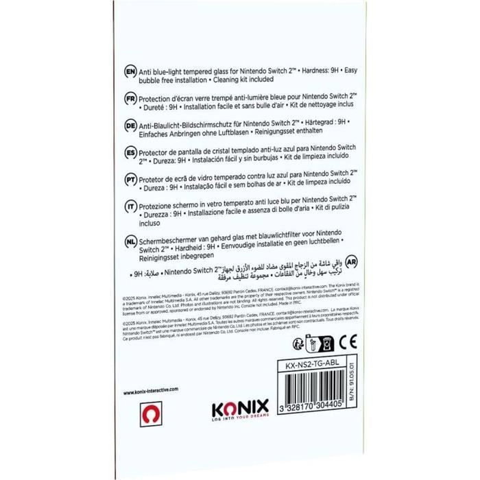Konix Protector de pantalla de vidrio templado para Nintendo Switch 2, Anti-luz azul, Dureza 9H, Transparente