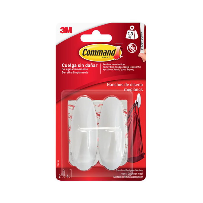 3M Command Gancho de Diseño Mediano, Blanco, 29 x 79 x 29 mm, 2 Unidades + 4 Tiras, Carga Máx. 1.3 kg, Ref. 17081spig