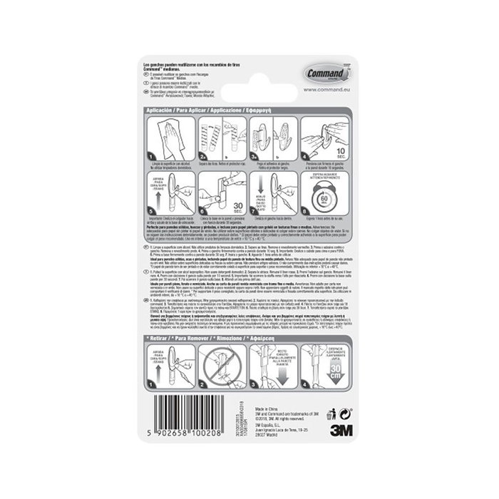 3M Command Gancho de Diseño Mediano, Blanco, 29 x 79 x 29 mm, 2 Unidades + 4 Tiras, Carga Máx. 1.3 kg, Ref. 17081spig