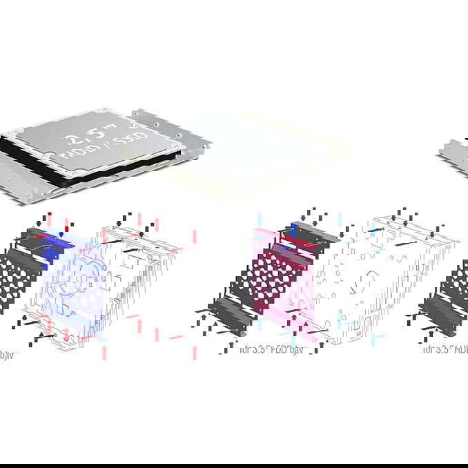 DeLOCK Panel de instalación Aluminio 21287, Marco de montaje de aluminio negro para HDD 2.5" a 3.5", 98 x 101.8 x 9.8 mm