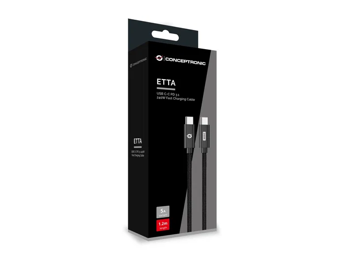 Conceptronic ETTA03B12 Cable USB-C Macho a Macho 1.2m, PD 3.1 hasta 240W (48V/5A), USB 2.0 480 Mbps, e-Mark, Color Negro
