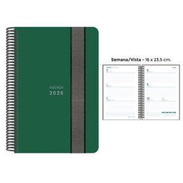 Agenda Anual (2026) Senfort Unicolor Espiral Tapa Pp Con Goma 160X235 S/V Verde Oscuro