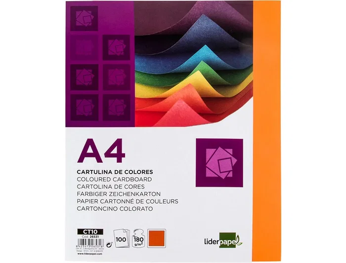 Liderpapel CT10 Cartulina Decorativa Naranja Fuerte, 180 g/m², Formato A4, Paquete de 100 Hojas, Papel para Arte y Manualidades