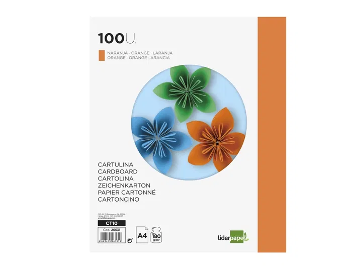 Liderpapel Cartulina A4 180g/m² Naranja Fuerte Paquete de 100 Hojas
