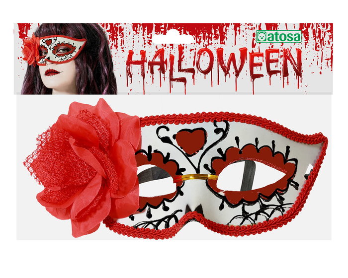 Antifaz Blanco Con Detalles Rojos Y Flor Lateral Para Disfraz De Catrina