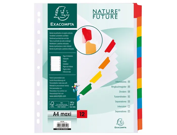 Exacompta Separador Cartulina DIN A4+ Multitaladro Blanco Juego de 12 con Pestañas Reforzadas
