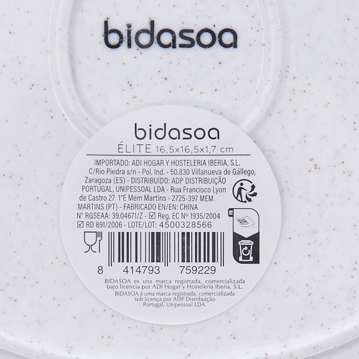 Plato Porcelana Alumina Elite Bidasoa 16,5x16,5x1,7 cm (8 Unidades)