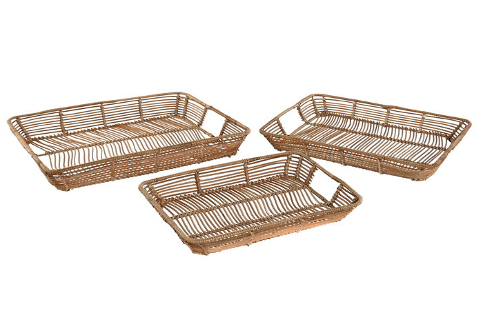 DKD Home Decor Bandeja Tropical Set de 3 Piezas Ratan y Metal Natural 32 x 6 x 44 cm