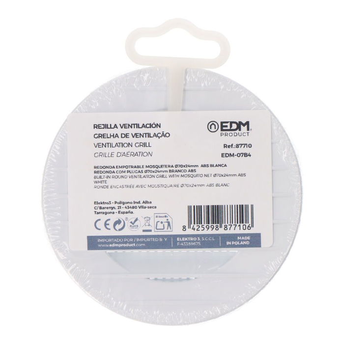 Edm Rejilla ventilación redonda empotrable con mosquitera ABS ø70mm ø100mm blanca